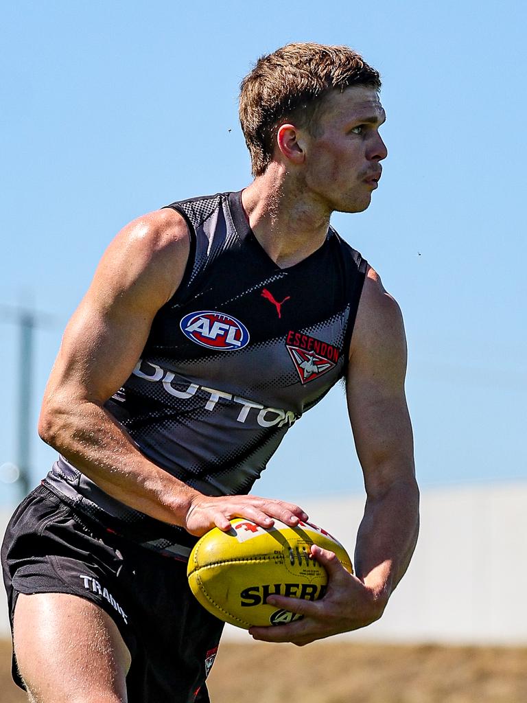 Ben Hobbs on the move at Essendon training. Picture: Essendon FC