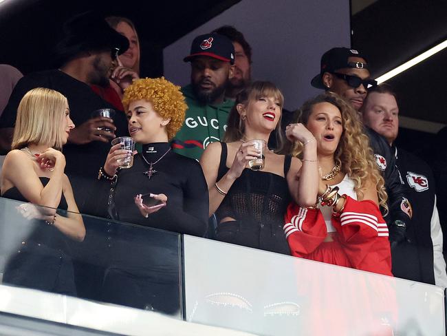 Taylor Swift and Blake Lively watch the 2024 Super Bowl from their luxury suite at Allegiant Stadium. Picture: Getty Images