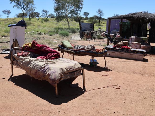 Residents at White Gate, a camp outside of Alice Springs, are forced to sleep outside due to living conditions in the small tin sheds they call home. Picture: Riley Walter