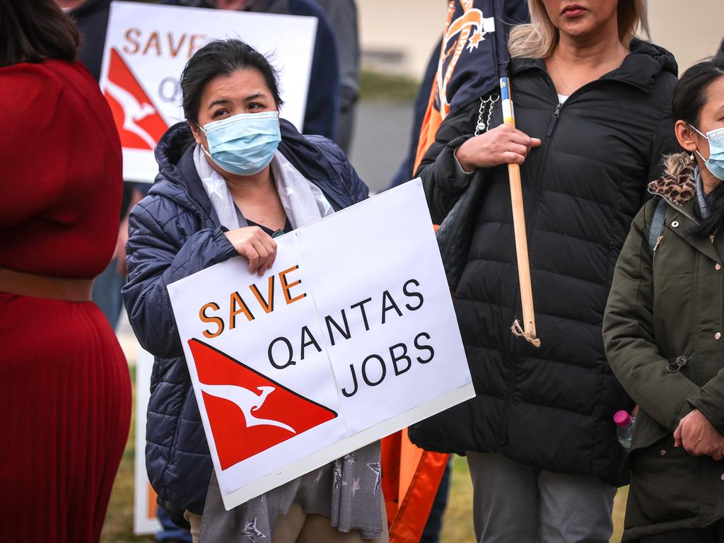 Protesters called for Qantas jobs to be saved at a rally outside Parliament House on Thursday morning. Picture: David Gray/Getty Images