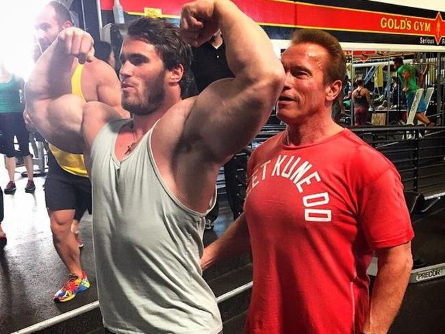 Calum Von Moger gets some pointers from Schwarzenegger himself. Picture: Instagram