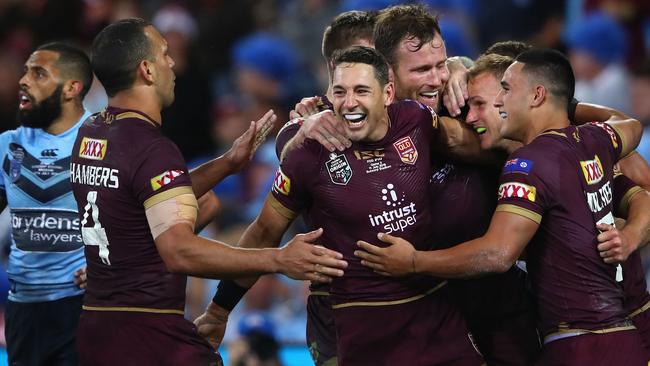 Billy Slater and his Queensland team-mates have won the third State of Origin game to avoid a clean sweep. Picture: Getty