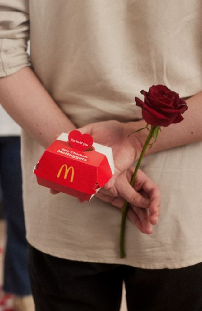 Macca’s has released a limited-edition, heart-shaped six Chicken McNugget box just in time for Valentine’s Day. Picture: Supplied