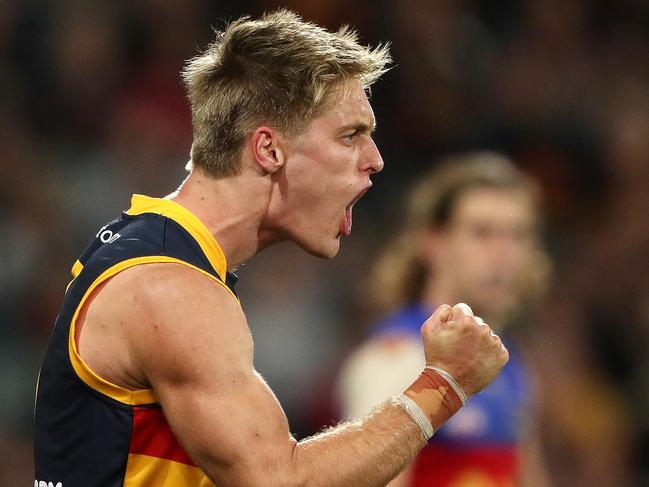 ADELAIDE, AUSTRALIA - MAY 14: Jackson Hately of the Crows celebrates a goal during the 2022 AFL Round 09 match between the Adelaide Crows and the Brisbane Lions at Adelaide Oval on May 14, 2022 in Adelaide, Australia. (Photo by Sarah Reed/AFL Photos via Getty Images)