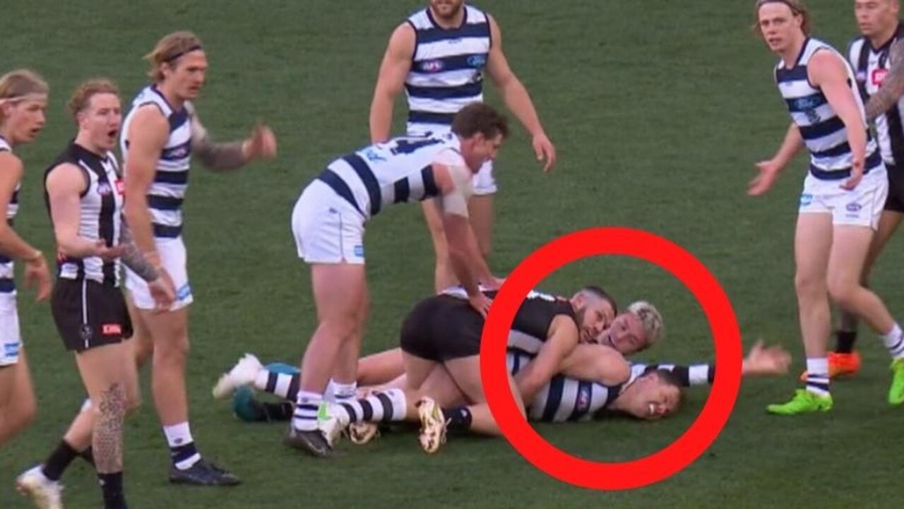 Collingwood forward Jack Ginnivan is copping backlash following an alleged chicken-wing tackle on eight-time All-Australian Patrick Dangerfield during Geelong’s thrilling qualifying final at the MCG on Saturday.