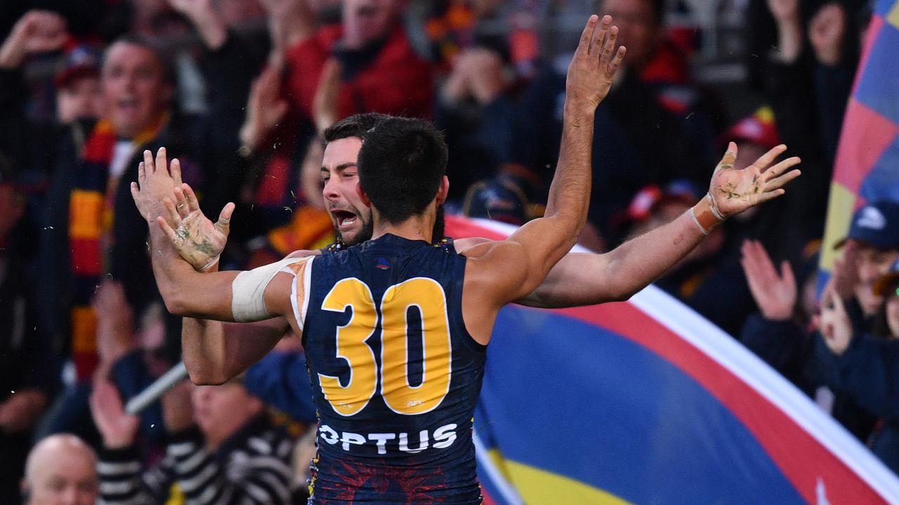 Rory Atkins and Wayne Milera of the Crows react after scoring a goal. Picture: AAP Image/David Mariuz