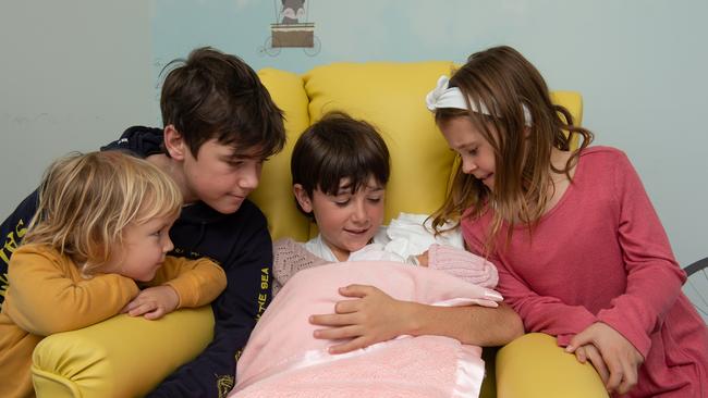 Lewi, 3, Bailey, 15, Chase, 12 and Nellie, 9 with baby sister Bella who died at 20 days old of spinal muscular atrophy (SMA) Picture: Heartfelt Foundation