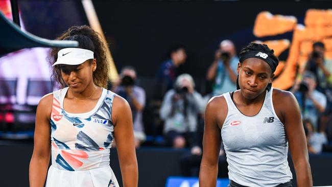 Coco Gauff (R) and Naomi Osaka after the match. Picture: William West/AFP