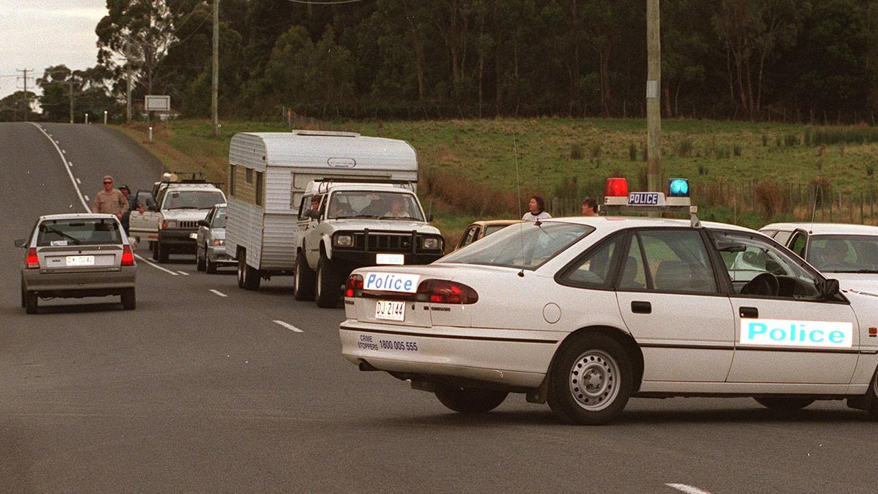 Police block road to the Broad Arrow cafe, Port Arthur on the day Martin Bryant began his massacre.