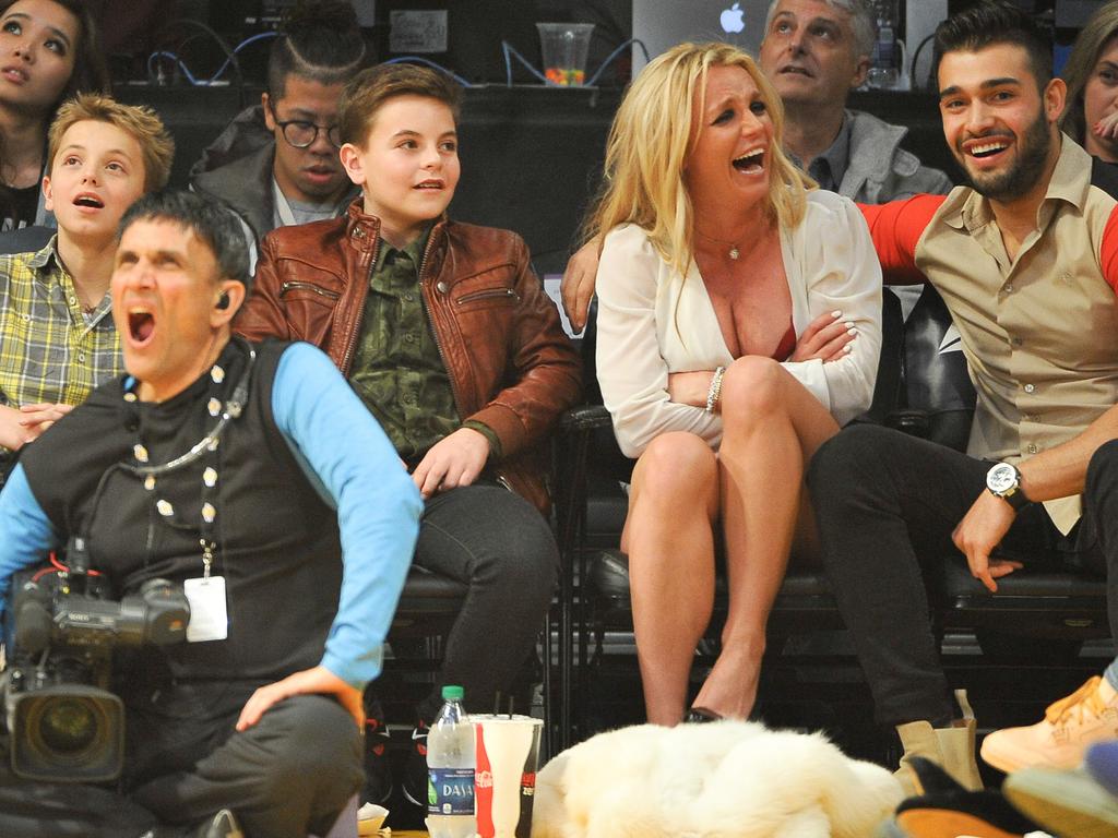 Sean Federline, Jayden James Federline, Britney Spears and Sam Asghari attend a basketball game in 2017. Picture: Getty