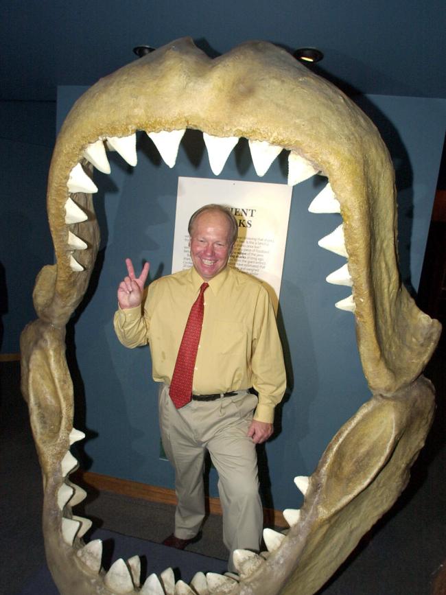 Queensland Premier Peter Beattie – a true devotee of animal-related campaign stunts – stands in model shark jaws at Underwater World on the Sunshine Coast during the 2001 election campaign.