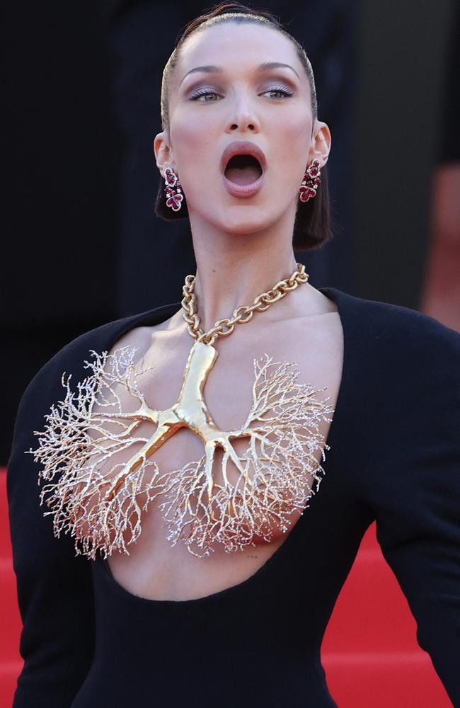 Bella Hadid wears Schiaparelli gold lungs dress to Cannes Film Festival, Photos