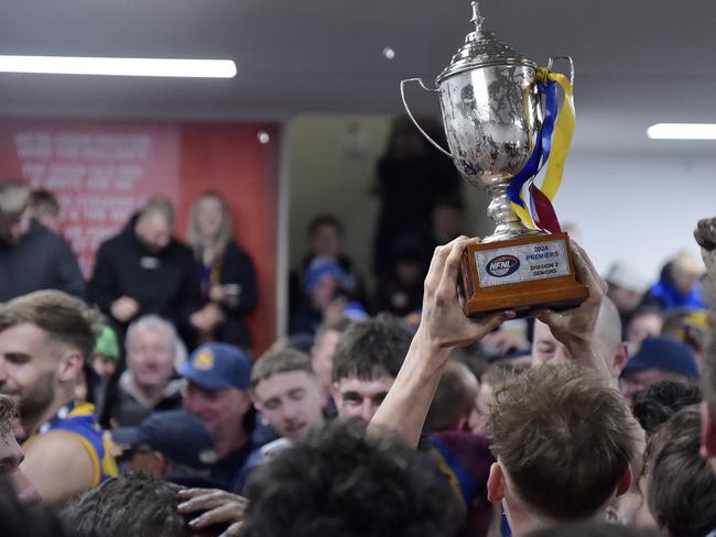 South Morang celebrates with the premiership cup. Picture: Andrew Batsch