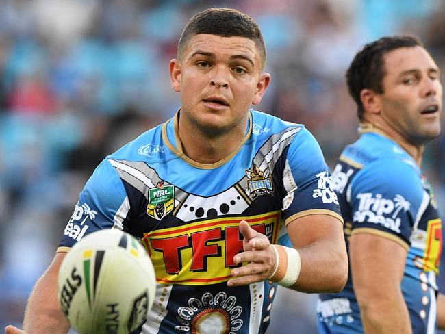 Ashley Taylor of the Titans during the Round 17 NRL match between the Gold Coast Titans and the Brisbane Broncos at Cbus Super Stadium in Robina on the Gold Coast. Sunday, July 8, 2018. (AAP Image/Dave Hunt) NO ARCHIVING, EDITORIAL USE ONLY