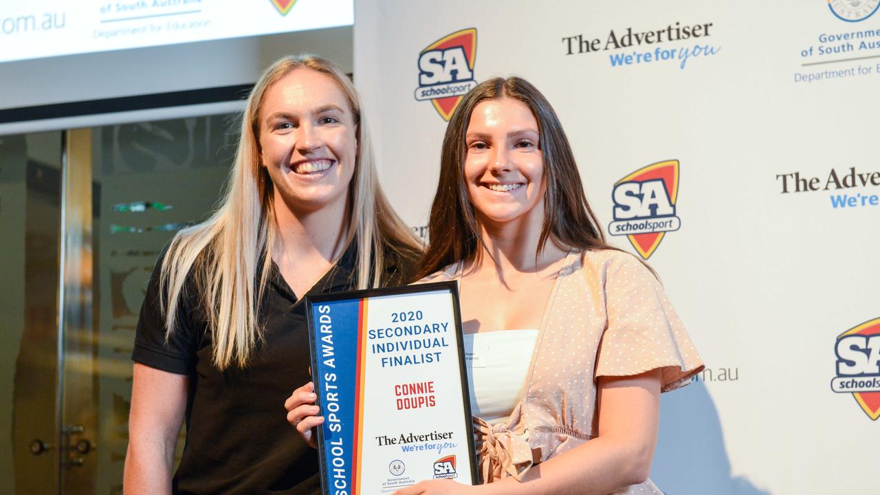 Netballer Hannah Petty with finalist Connie Doupis from Glossop High School at The School Sports Awards at the SA Museum.. Picture: Brenton Edwards