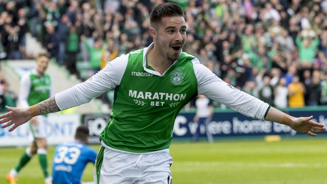 Jamie Maclaren celebrates after scoring a goal for Hibernian. Picture: Getty Images