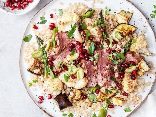 Lamb, barley and roasted cauliflower salad.