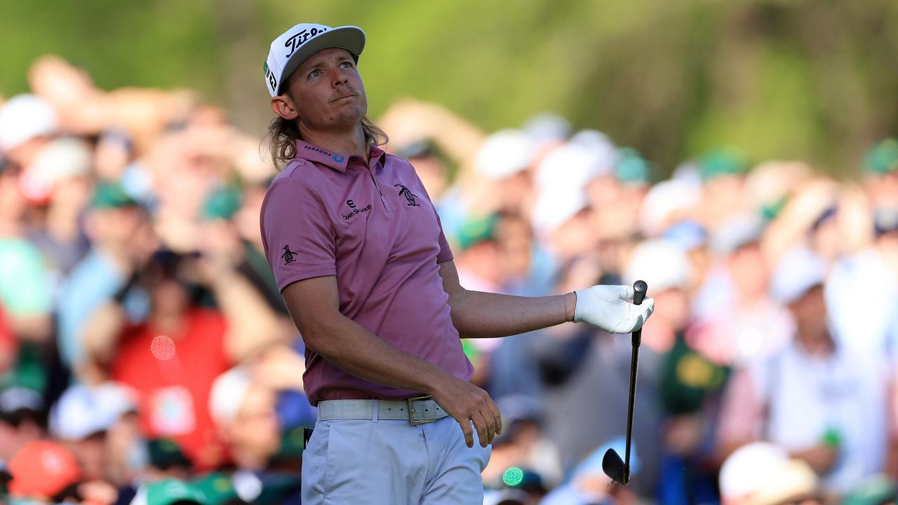 Australian Cameron Smith reacts to his shot from the 12th tee during the final round of the Masters. Photo: Getty Images