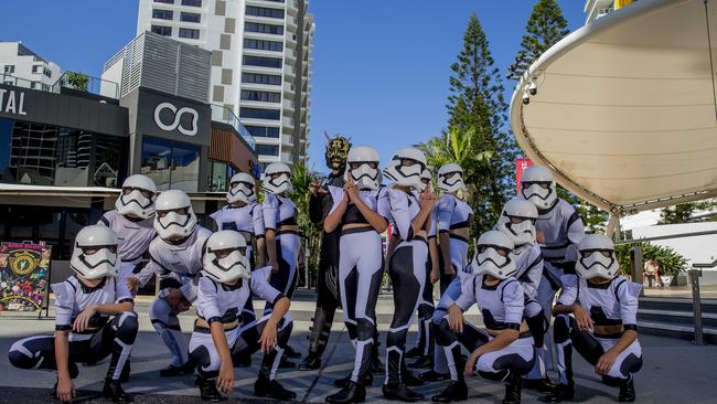 Tap dancing Stormtroopers dancing in the Broadbeach mall to celebrate Supanova. Picture: Jerad Williams