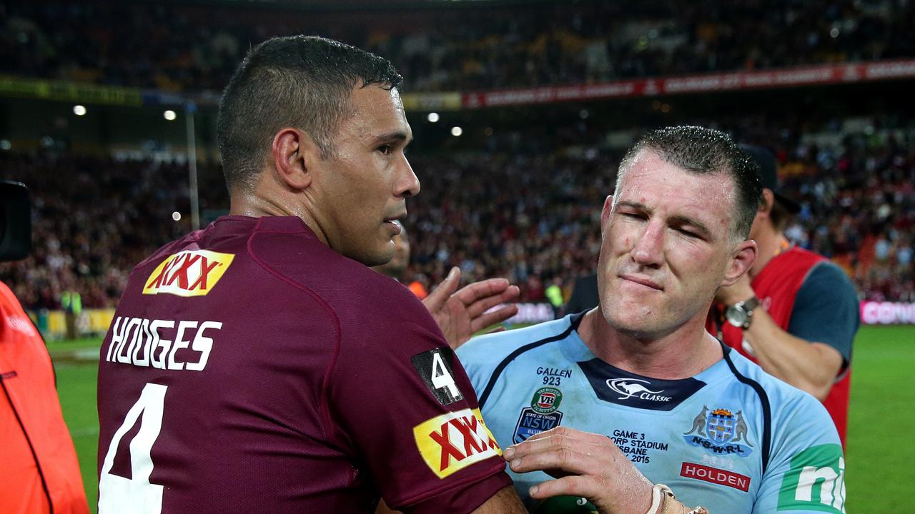 Paul Gallen and Justin Hodges went head to head in the Origin arena many times. Picture: Gregg Porteous