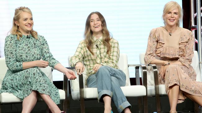 Elisabeth Moss, Alice Englert, and Kidman during a Top of the Lake panel in Beverly Hills. Picture: Jesse Grant/Getty Images.