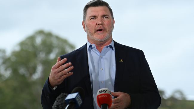 Newly appointed Rugby Australia chairman Daniel Herbert speaks to the media in Brisbane on Monday Picture: Getty Images