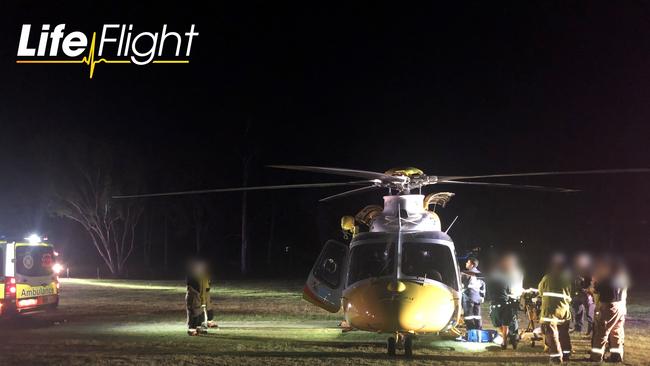 The LifeFlight rescue chopper was called to two crashes in the South Burnett overnight, with a woman flown to Brisbane from a rollover west of Murgon and a truck driver flown to the Sunshine Coast after his B-Double left the road north-west of Kingaroy. Picture: RACQ LifeFlight