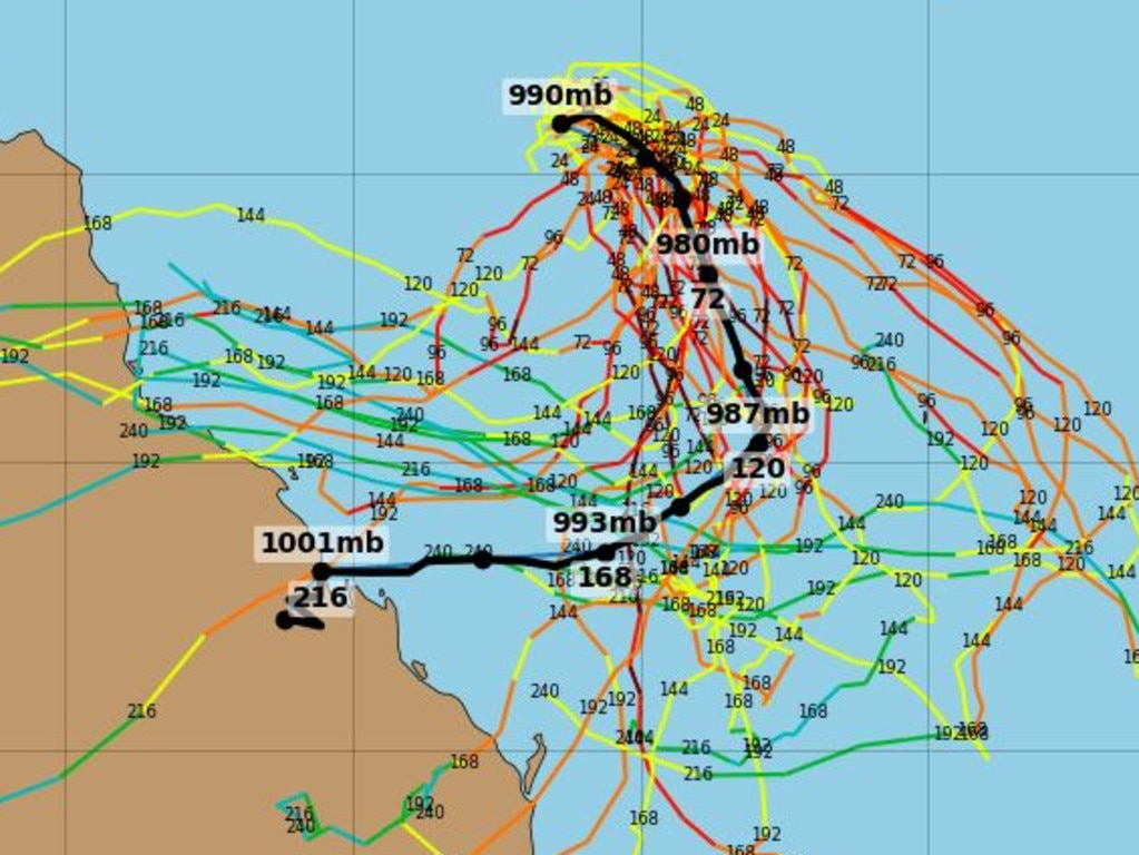 Tropical Cyclone Alfred's predicted path. Source: GFS ensemble