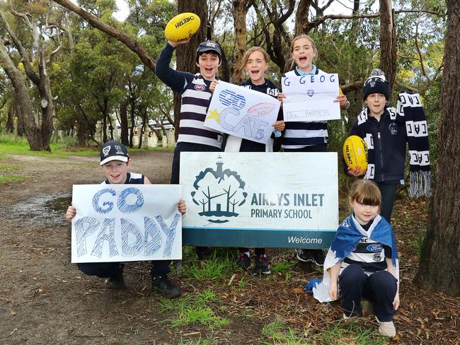 Aireys Inlet Primary students Jamie, left, Mathew, Ruby, Molly, Sophie and Amelia cheer for their former school captain Patrick Dangerfield ahead of the Cats finals appearance. Picture: Alison Wynd