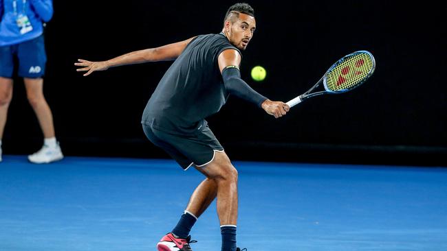 Nick Kyrgios in a practice session at Melbourne Park ahead of the Open. Picture: Tim Carrafa.