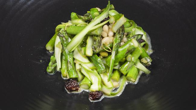 It’s easy being green: wine-plumped raisins with asparagus.