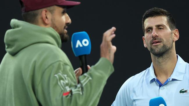 Novak Djokovic interviewed by Nick Kyrgios post-match at the Australian Open. Picture: Daniel Pockett/Getty Images