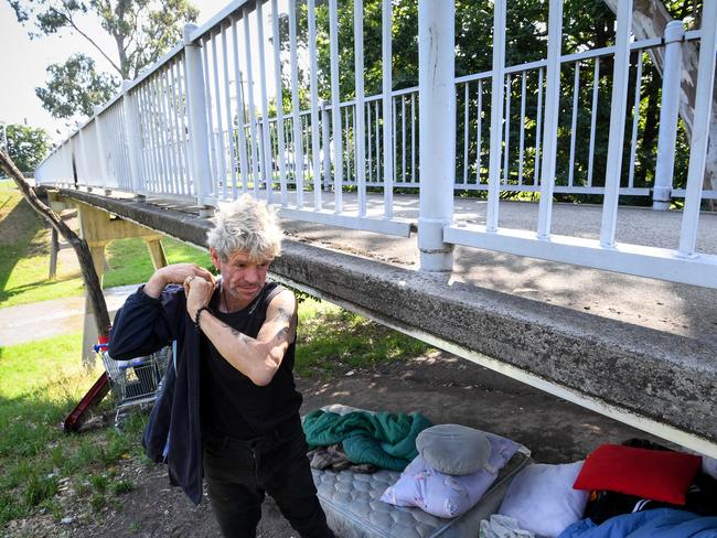 Stanley has lived under this bridge by the Dandenong River for the past five years, since leaving jail. Picture: Penny Stephens