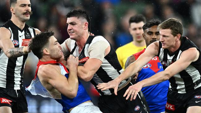 Jack Viney and Brayden Maynard clash. Picture: Quinn Rooney/Getty Images