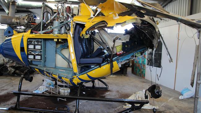 The wreck of the Squirrel helicopter from the crash at Hobart Airport in November, 2017, that claimed the life of pilot Roger Corbin. Picture: SUPPLIED