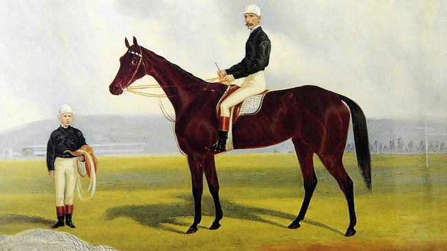 A Fred Woodhouse painting of Briseis ridden by senior jockey Tom Hales, with Peter St Albans alongside. Picture: Peter Ristevski