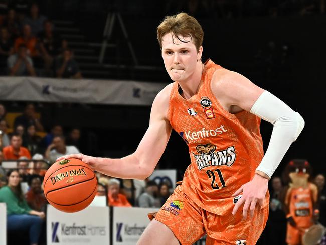 Sam Waardenburg of the Taipans drives up court during the round 18 NBL match between Cairns Taipans and Illawarra Hawks at Cairns Convention Centre. Photo: Emily Barker/Getty Images.