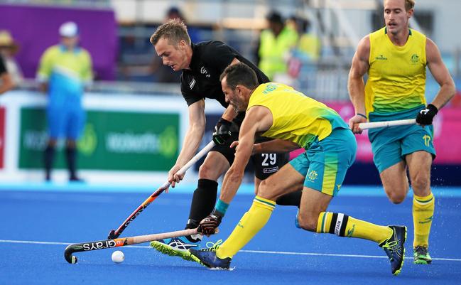 GOLD COAST, AUSTRALIA - APRIL 11:  New Zealand's Hugo Inglis clashes with Australia's Mark Knowles  during Hockey on day seven of the Gold Coast 2018 Commonwealth Games at Gold Coast Hockey Centre on April 11, 2018 on the Gold Coast, Australia.  (Photo by Jason O'Brien/Getty Images). Picture: Jason O'Brien