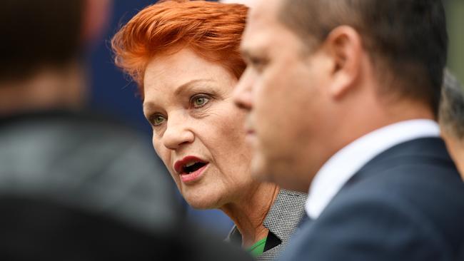 One Nation leader Senator Pauline Hanson speaks to the media outside the Royal Commission into Misconduct in the Banking, Superannuation and Financial Services Industry. Picture: AAP