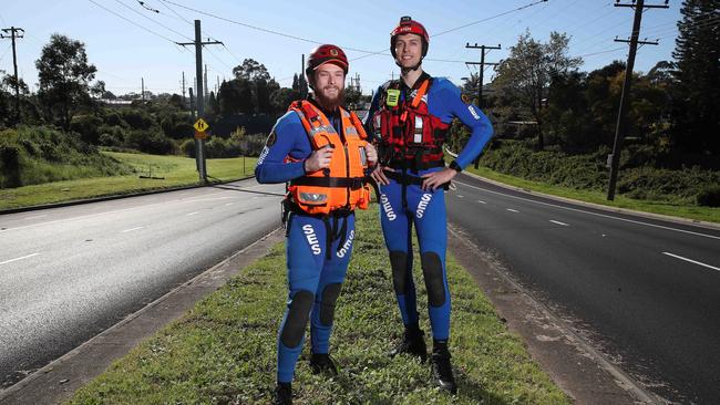 SES volunteers John Tearle, 25, and Steffen Broxtermann, 32, are water flood rescue technicians who were called into action on Sunday July 26, 2020 when a bus got stuck in flood water along University Drive in Newcastle and passengers and driver needed to be rescued. Picture: David Swift