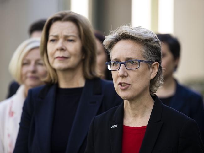 CANBERRA, AUSTRALIA - NewsWire Photos AUGUST 31, 2022: ACTU Secretary Sally McManus and President Michele O'Neil spoke to the media alongside workers delegation ahead of Jobs Summit at Parliament House, Canberra.  Picture: NCA NewsWire / Gary Ramage