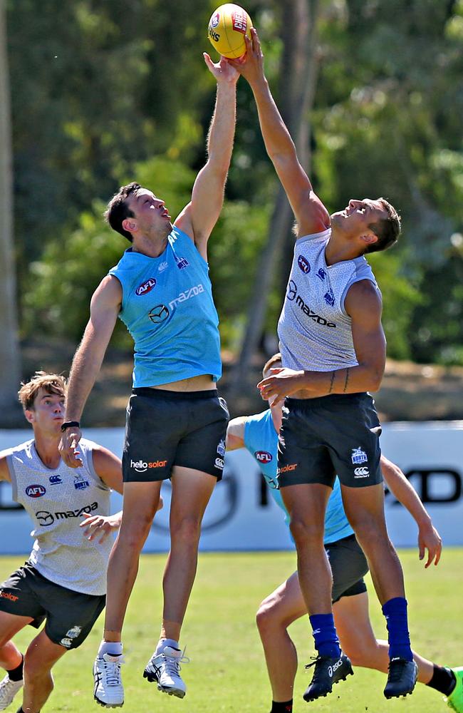 North Melbourne ruckmen Todd Goldstein and Braydon Preuss in training. Picture: Tim Carrafa