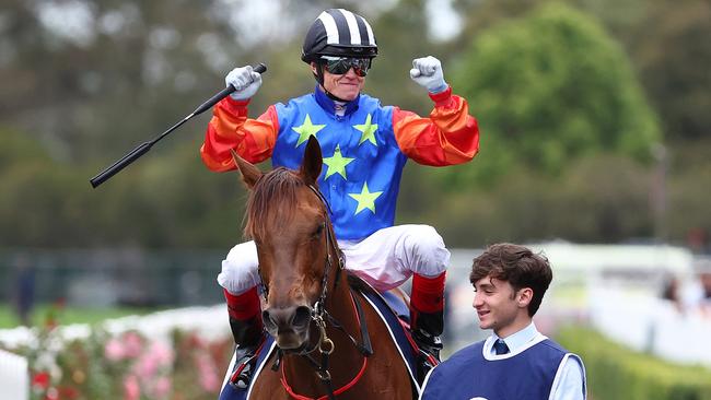 Jockey Craig Williams celebrates his win aboard Bella Nipotina in the Giga Kick Stakes at Rosehill. Picture: Getty Images