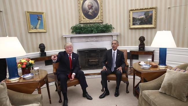 Maybe a little understated by comparison: Mr Trump after a meeting with US President Barack Obama in the Oval Office. Picture: Win McNamee/Getty