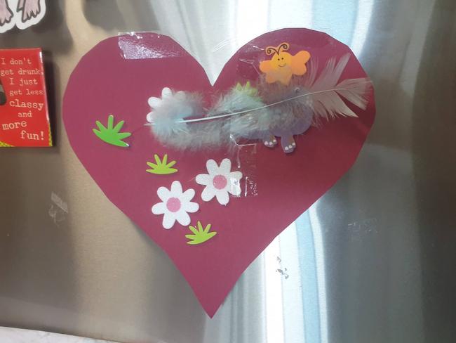 A heart made for nurse Laura Ursell by a 4-year-old boy whose baby sister was being cared for in Ward 9B. The heart is displayed proudly on Laura’s fridge. Picture: Supplied