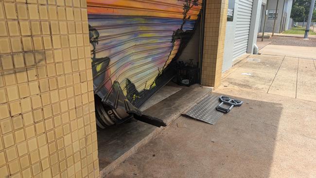 Nightcliff's Aralia Street shops were ram raided overnight on Wednesday, December 12, 2024, with businesses Porkin' and Dom's Bar &amp; Lounge targeted by thieves once they were inside the arcade. Picture: Alex Treacy