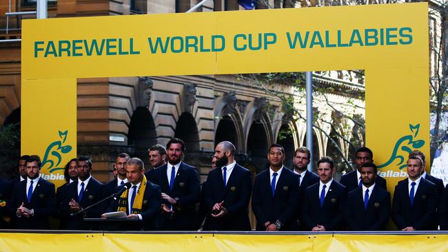 Pictured in Martin Place, Sydney today is the Wallabies public farewell before they head off to the Rugby World Cup. Picture: Tim Hunter.