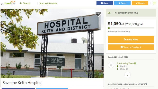 A screenshot of the Keith Hospital GoFundMe appeal taken at about 1.30pm, March 27.