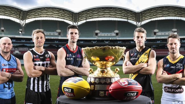 Sturt’s Zane Kirkwood, Port Adelaide’s Cameron Sutcliffe, Norwood's Matthew Panos, Glenelg's Chris Curran and Adelaide's Matthew Wright at the SANFL finals launch on Tuesday. Picture SARAH REED