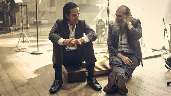 Nick Cave (left) and Warren Ellis in London in March 2021, during a break in performance for the Andrew Dominik film This Much I Know To Be True. Picture: Supplied / Bad Seed Ltd